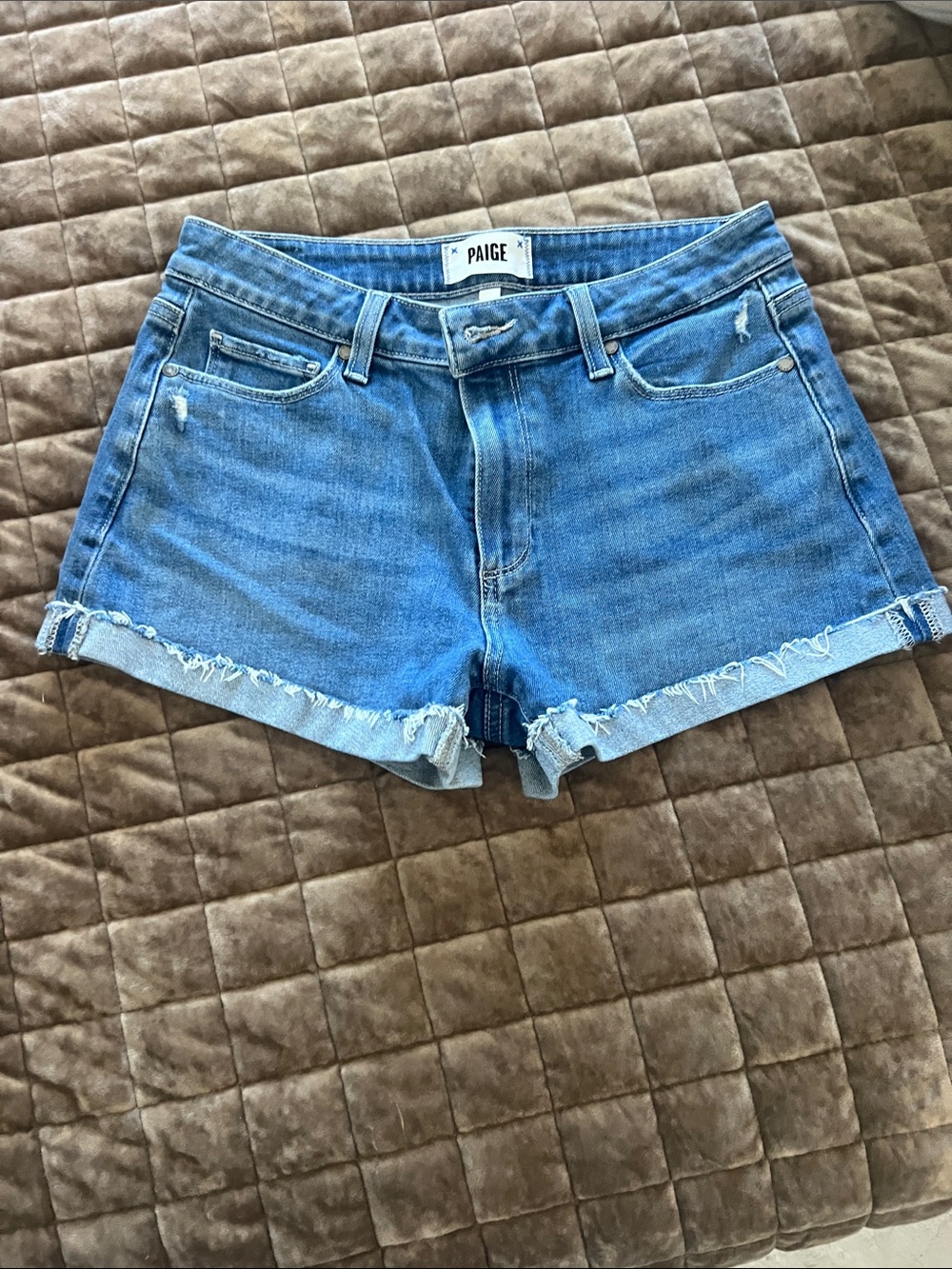 PAIGE Light Blue Frayed Hem Denim Shorts